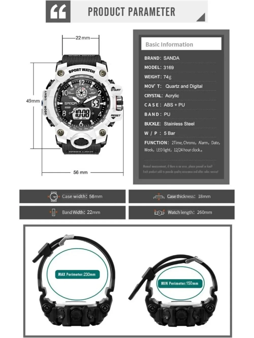 Mens Black White Analog Quartz Sport Waterproof Military LED Digital Wrist Watch